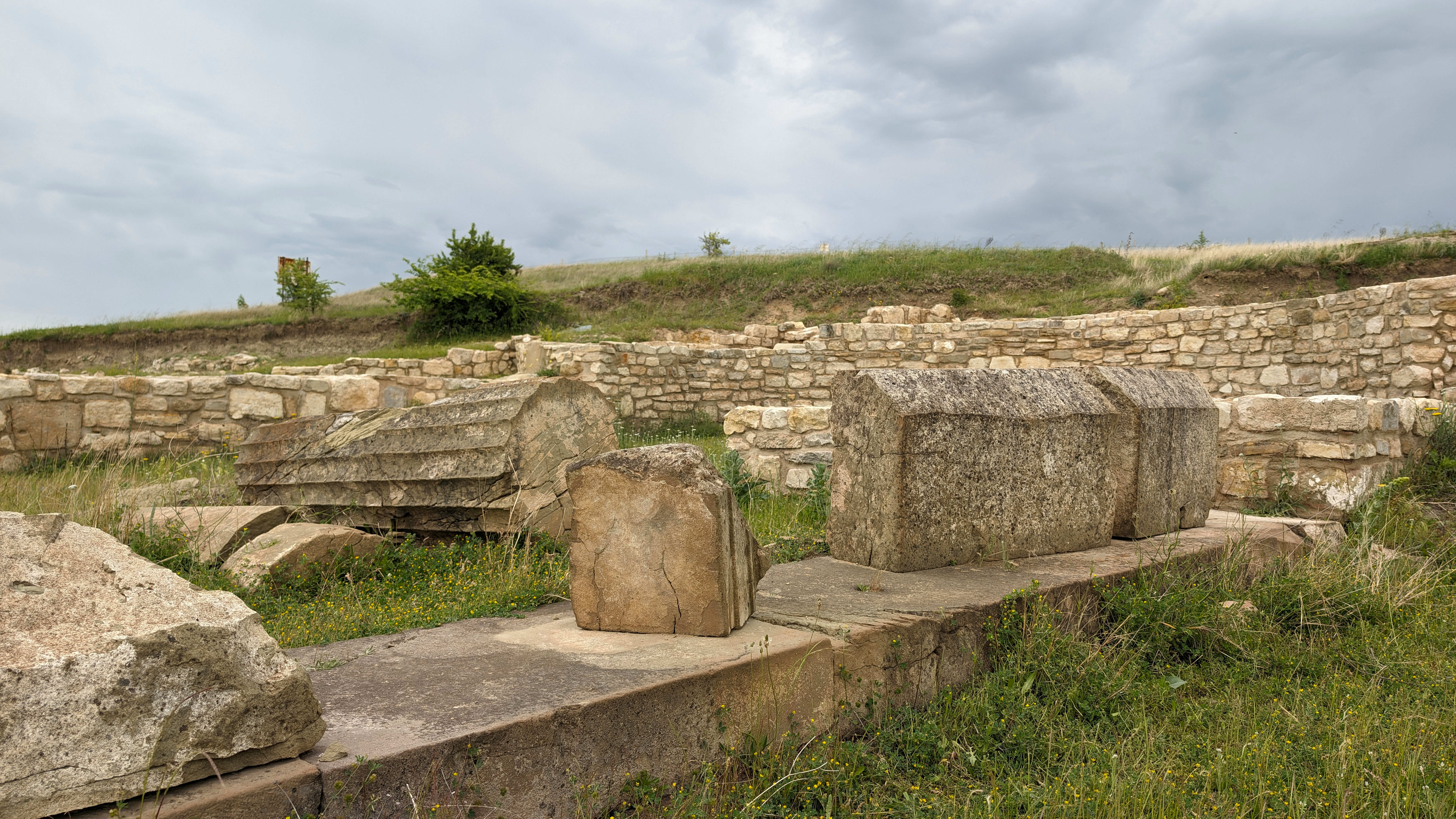Rovine archeologiche in pietra in un’area erbosa sotto un cielo nuvoloso
